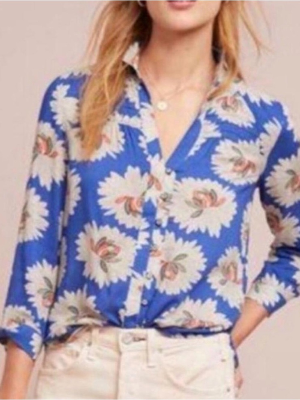 💜Anthropologie limited addition Blue Floral Button-Down Shirt